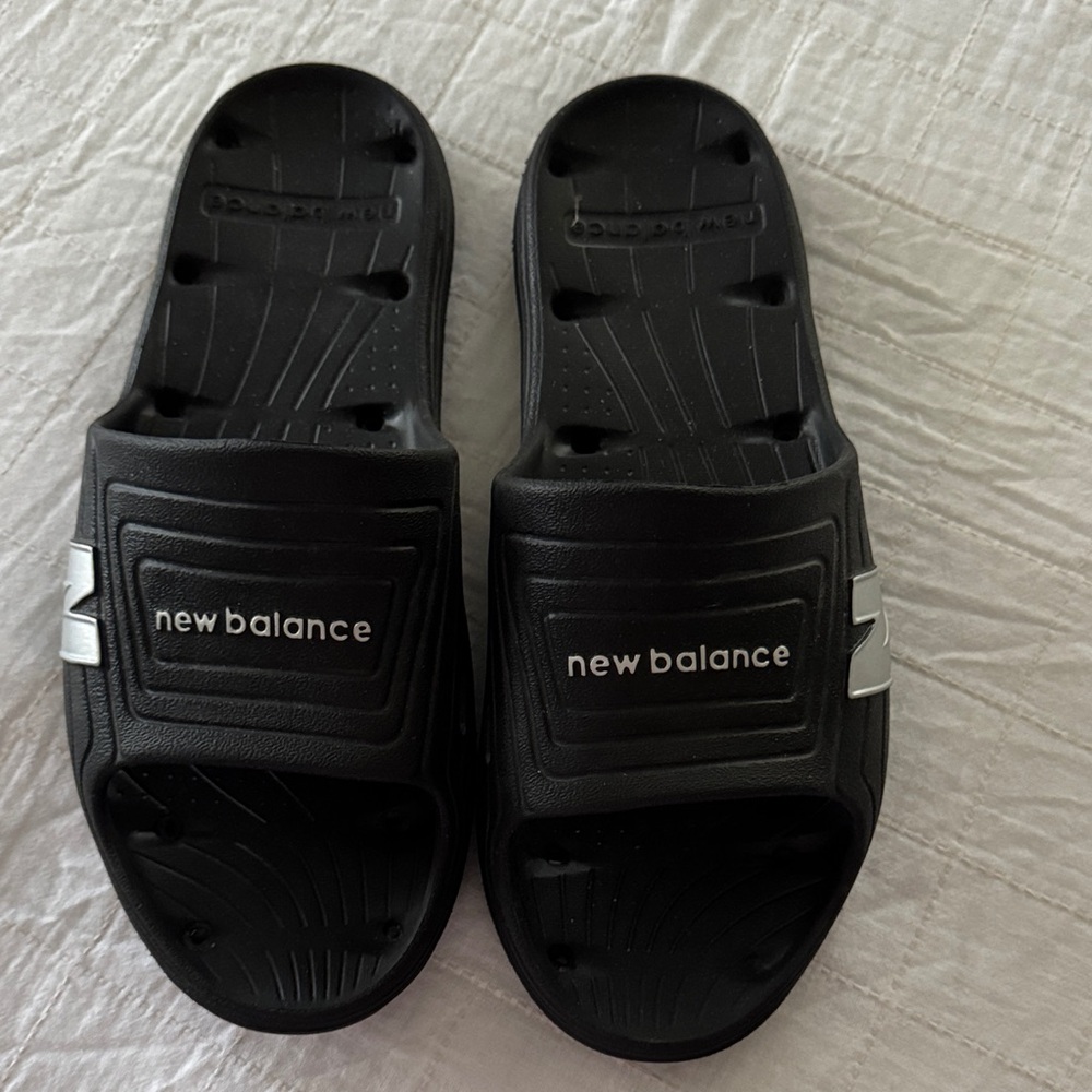 New Balance Black Slide Sandals with Silver Accents